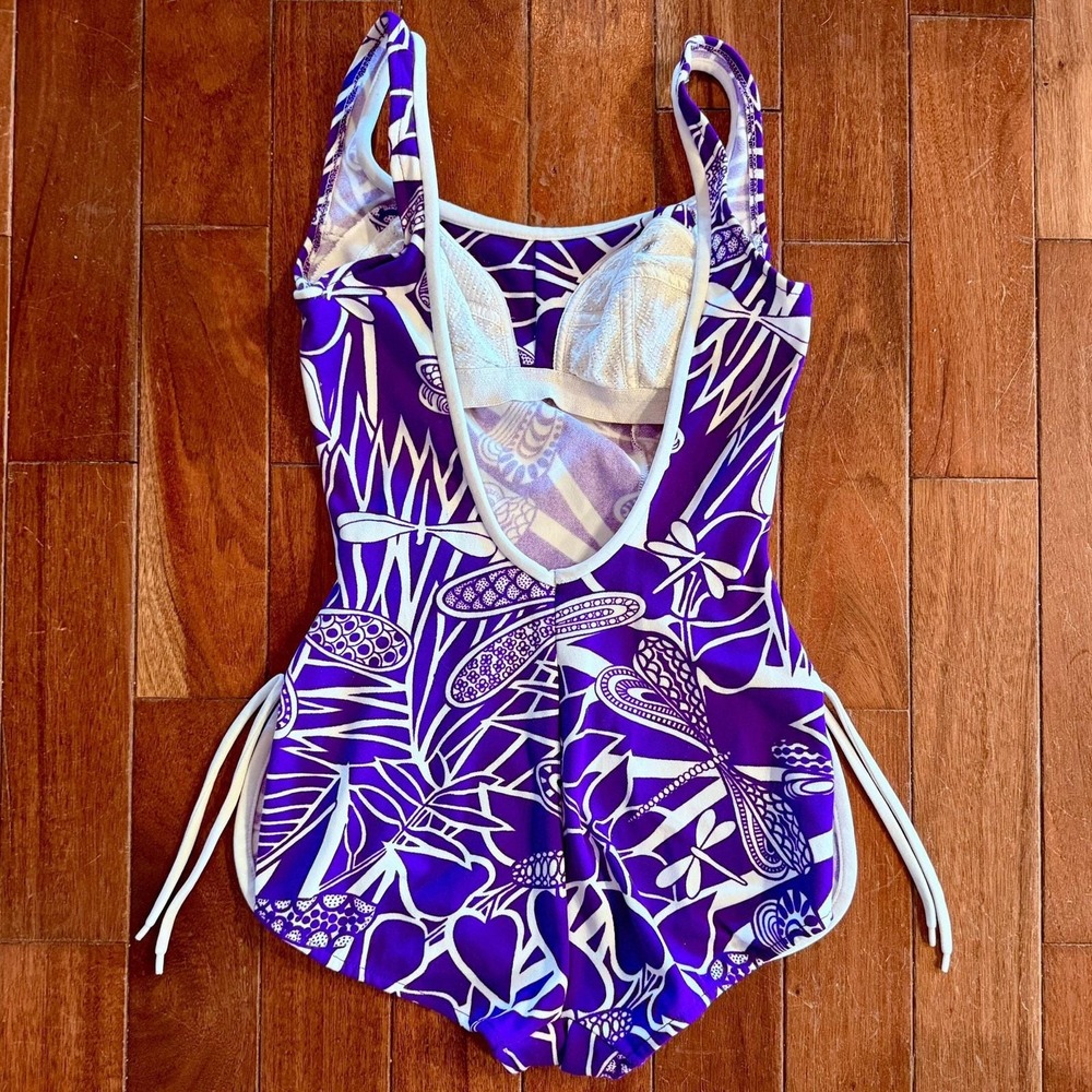 Vintage 1960s Robby Len Swimsuit Dress PURPLE Dragonfly Sz L 11/12‎ Union Tag - Picture 3 of 9